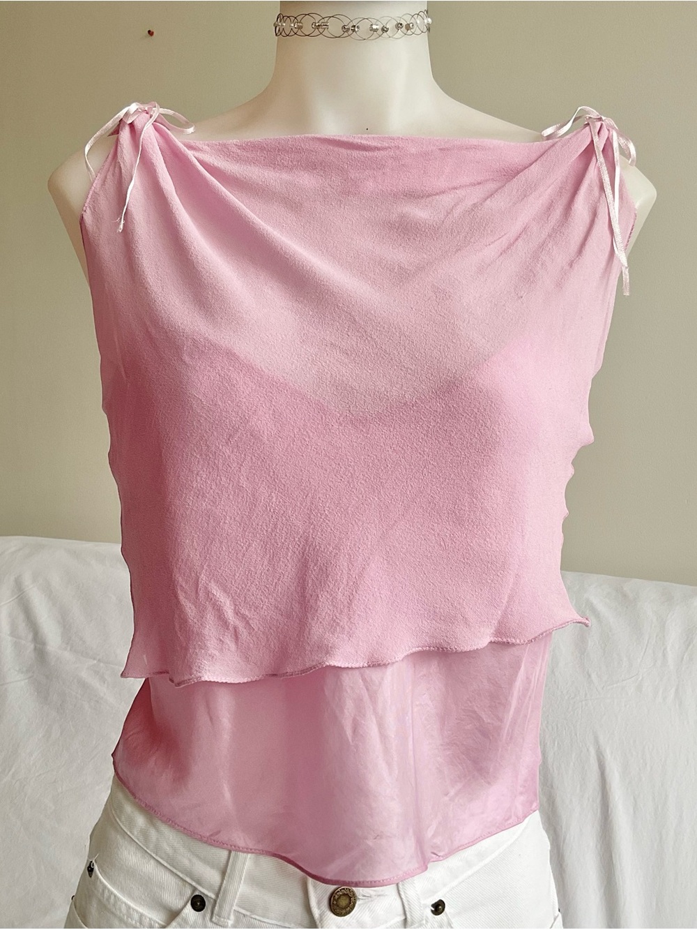 Studio M | Y2K 100% Silk Pink Double Layer Ribbon Tie Cami | 0P